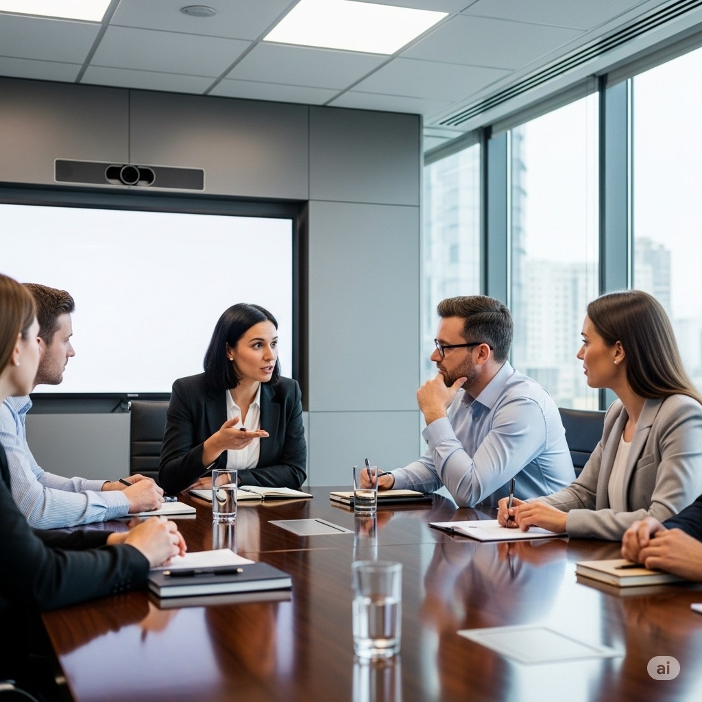 A team of people in a boardroom discussing challenges in their presentation