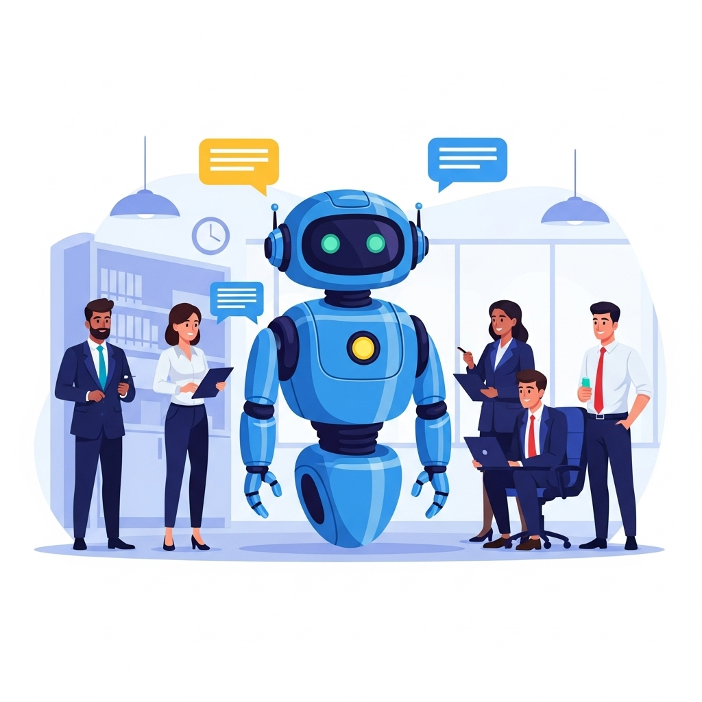 LLM and MLM robot cartoon centre in a boardroom full of people